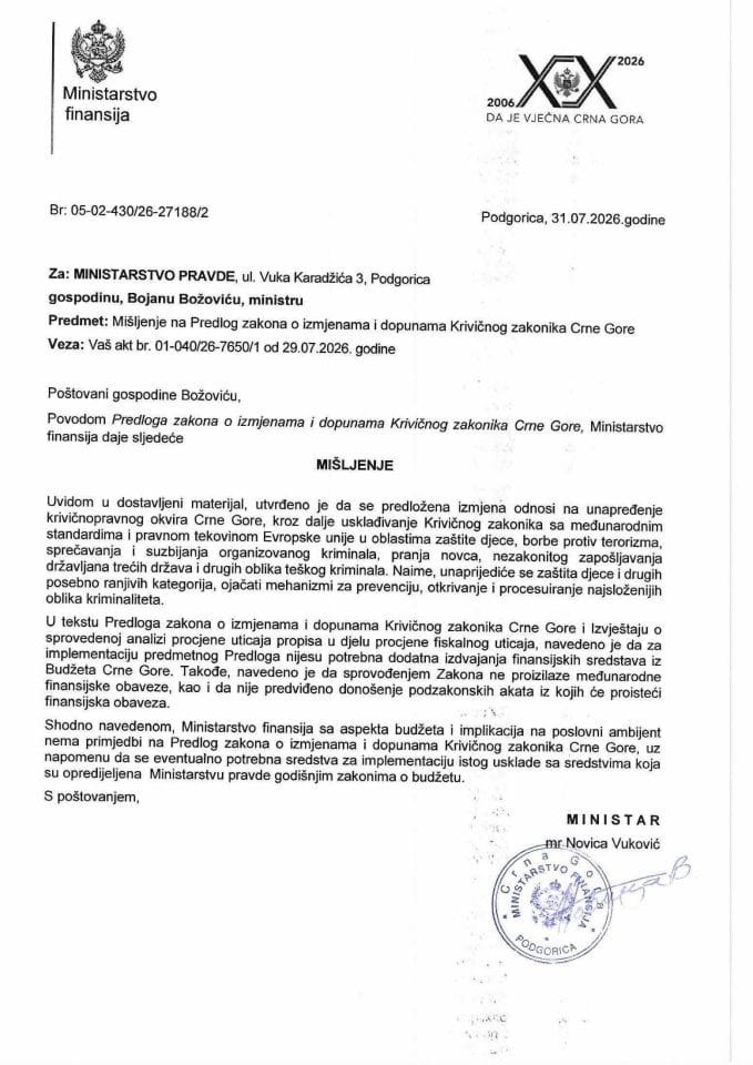 Mišljenje na Predlog zakona o izmjenama i dopunama Krivičnog zakonika Crne Gore