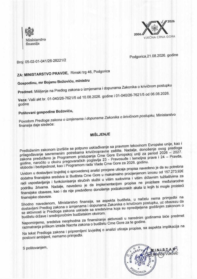 Mišljenje na Predlog zakona o izmjenama i dopunama Zakonika o krivičnom postupku