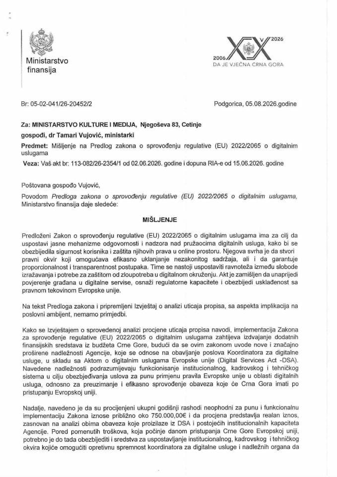 Mišljenje na Predlog zakona o sprovođenju regulative ( EU ) 2025 2065 o digitalnim uslugama