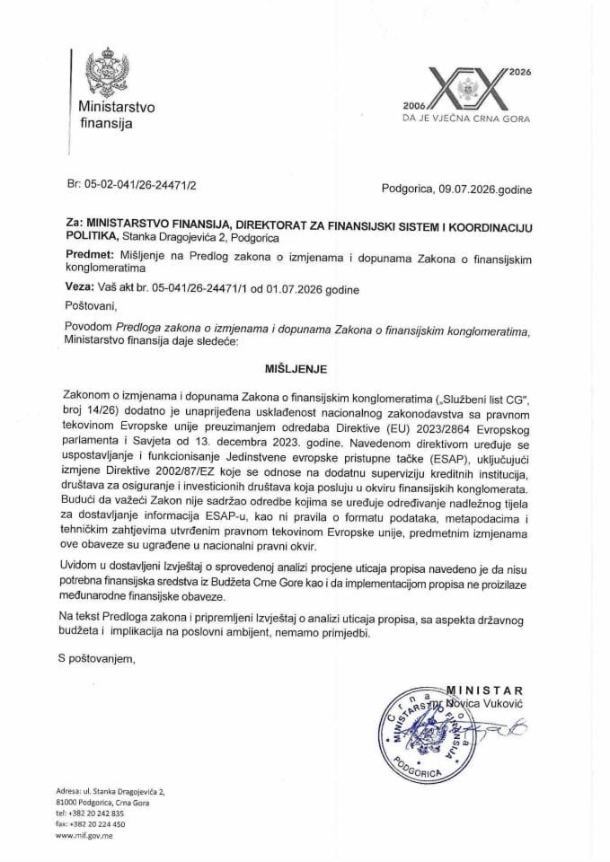 Mišljenje na Predlog zakona o izmjenama i dopuni Zakona o finansijskim konglomeratima