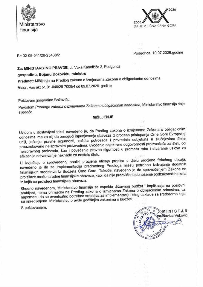 Mišljenje na Predlog zakona o izmjenama Zakona o obligacionim odnosima