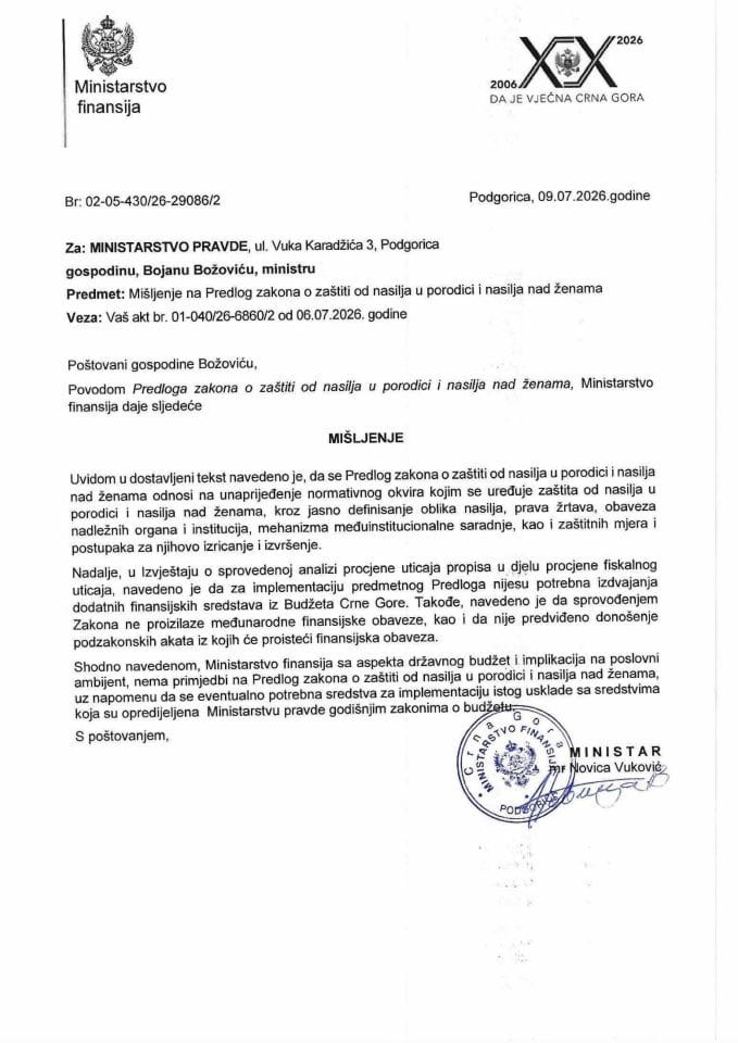 Mišljenje na Predlog zakona o zaštiti od nasilja u porodici i nasilja nad ženama