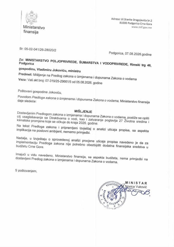 Mišljenje na Predlog izmjena i dopuna Zakona o vodama