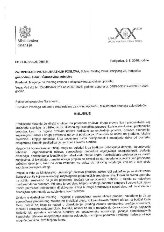 Mišljenje na Predlog zakona o eksplozivima za civilnu upotrebu
