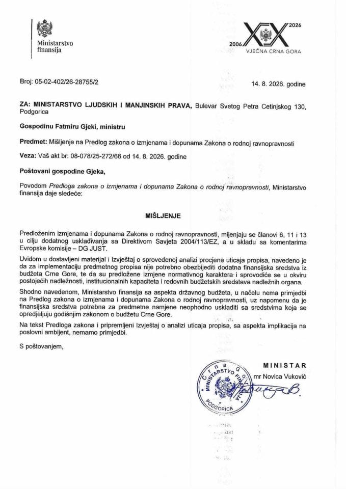 Mišljenje na Predlog zakona o izmjenama i dopunama Zakona o rodnoj ravnopravnosti