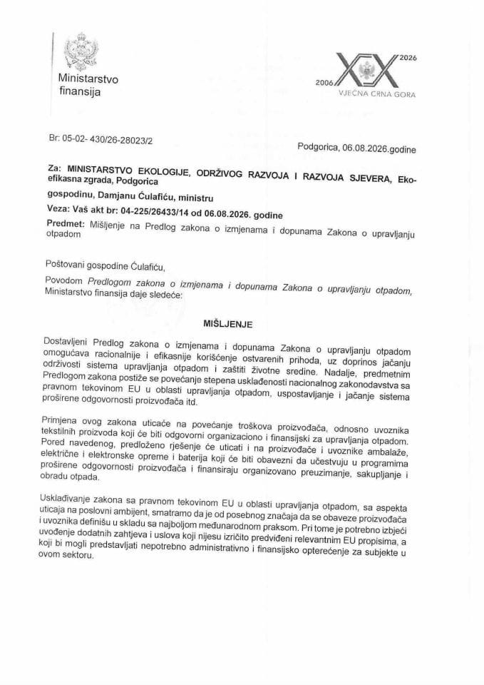 Mišljenje na Predlog zakona o izmjenama i dopunama Zakona o upravljanju otpadom