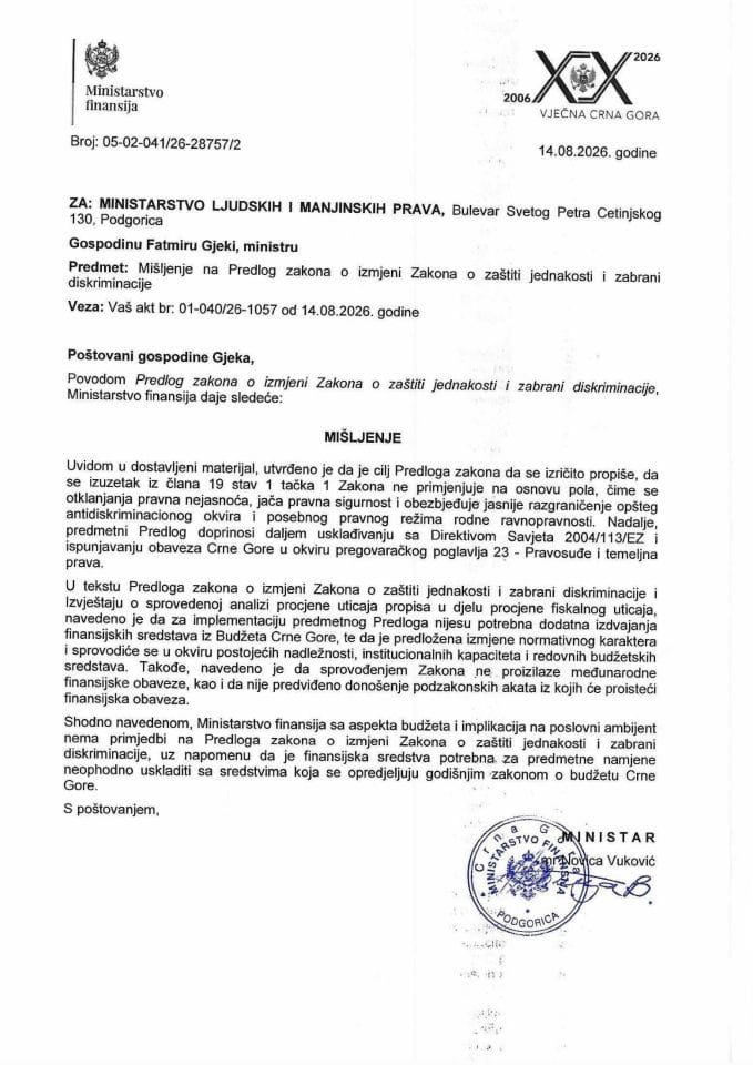 Mišljenje na Predlog zakona o izmjeni Zakona o zaštiti jednakosti i zabrani diskriminacije