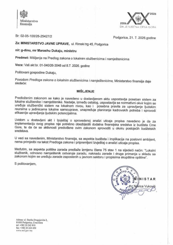 Mišljenje na Predlog zakona o lokalnim službenicima i namještenicima