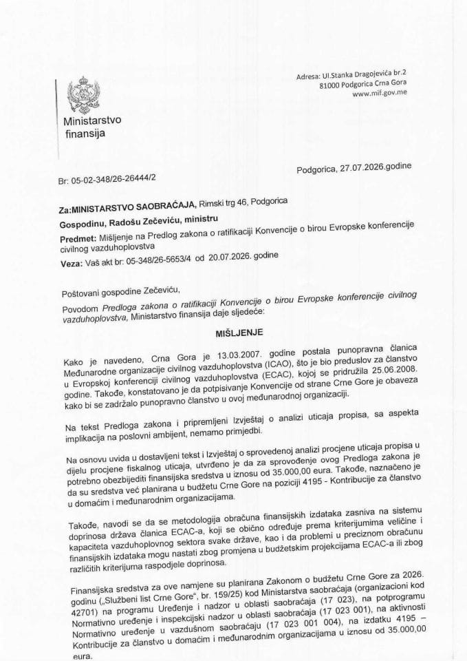 Mišljenje na Predlog zakona o ratifikaciji konvencije o birou Evropske konferencije civilnog vazduhoplovstva