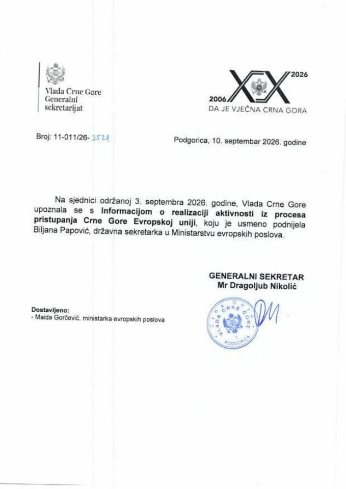 Usmena informacija o realizaciji aktivnosti iz procesa pristupanja Crne Gore Evropskoj uniji - Zaključci