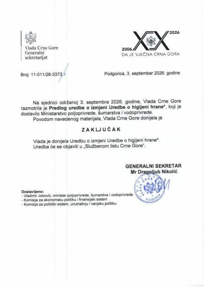 Predlog uredbe o izmjeni Uredbe o higijeni hrane* - Zaključci