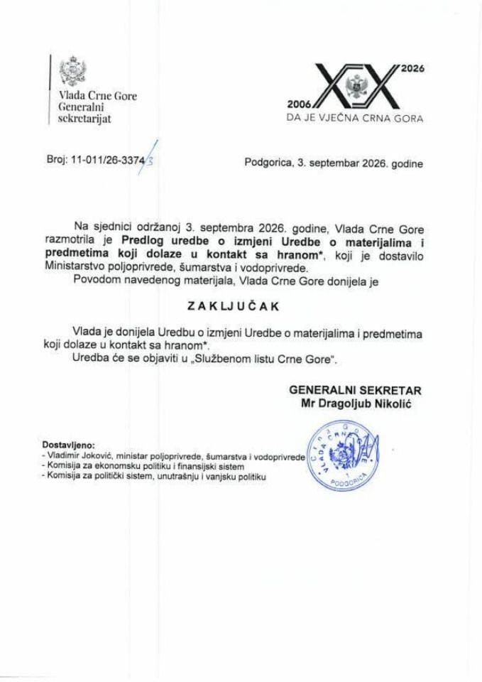 Predlog uredbe o izmjeni Uredbe o materijalima i predmetima koji dolaze u kontakt sa hranom* - Zaključci