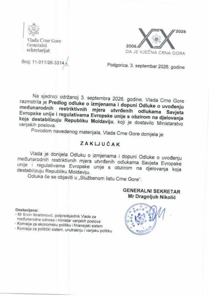Predlog odluke o izmjenama i dopuni Odluke o uvođenju međunarodnih restriktivnih mjera utvrđenih odlukama Savjeta Evropske unije i regulativama Evropske unije s obzirom na djelovanja koja destabilizuju Republiku Moldaviju - Zaključci