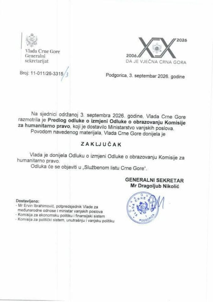 Predlog odluke o izmjeni Odluke o obrazovanju Komisije za humanitarno pravo - Zaključci