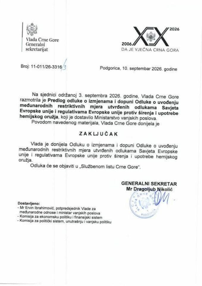 Predlog odluke o izmjenama i dopuni Odluke o uvođenju međunarodnih restriktivnih mjera utvrđenih odlukama Savjeta Evropske unije i regulativama Evropske unije protiv širenja i upotrebe hemijskog oružja - Zaključci