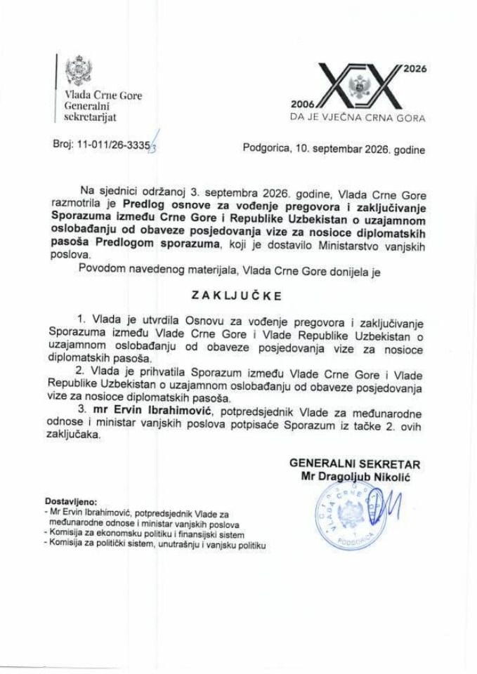 Предлог основе за вођење преговора и закључивање Споразума између Црне Горе и Републике Узбекистан о узајамном ослобађању од обавезе посједовања визе за носиоце дипломатских пасоша с Предлогом споразума - Закључци