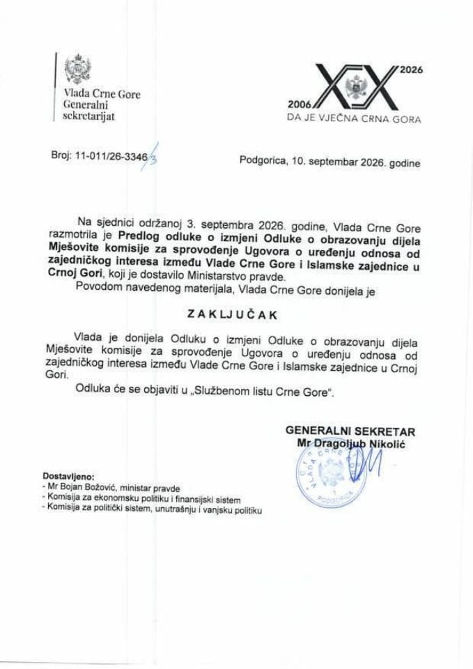 Предлог одлуке о измјени Одлуке о образовању дијела Мјешовите комисије за спровођење Уговора о уређењу односа од заједничког интереса између Владе Црне Горе и Исламске заједнице у Црној Гори - Закључци