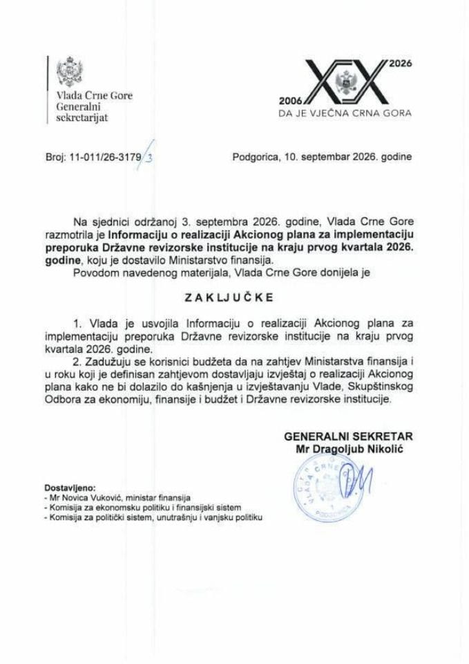 Informacija o realizaciji Akcionog plana za implementaciju preporuka Državne revizorske institucije, na kraju prvog kvartala 2026. godine - Zaključci