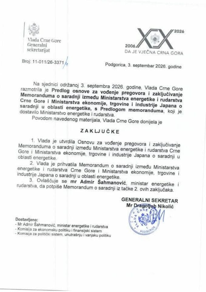 Предлог основе за вођење преговора и закључивање Меморандума о сарадњи између Министарства енергетике и рударства Црне Горе и Министарства економије, трговине и индустрије Јапана о сарадњи у области енергетике с Предлогом меморандума - Закључци