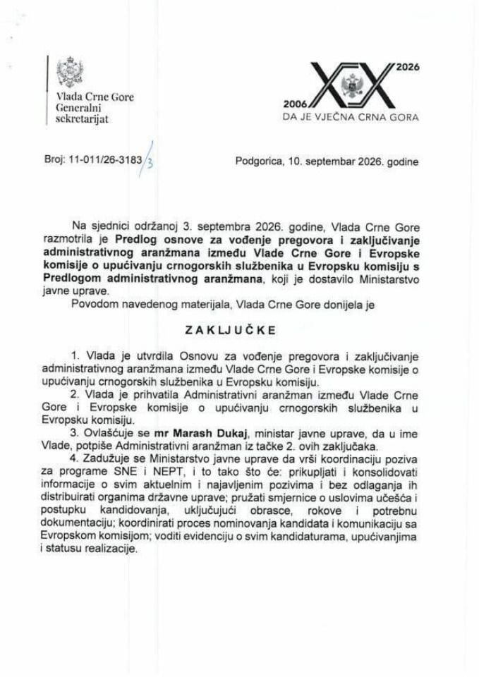 Predlog osnove za vođenje pregovora i zaključivanje administrativnog aranžmana između Vlade Crne Gore i Evropske komisije o upućivanju crnogorskih službenika u Evropsku komisiju s Predlogom administrativnog aranžmana - Zaključci