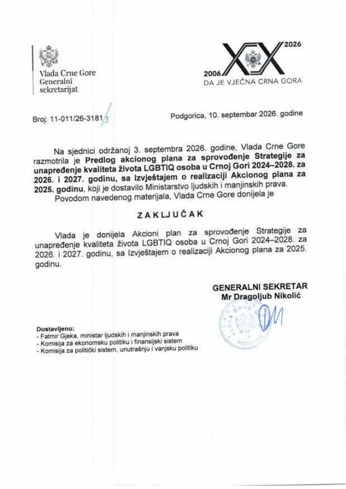 Предлог акционог плана за спровођење Стратегије за унапређење квалитета живота LGBTIQ особа у Црној Гори 2024-2028. за 2026. и 2027. годину, са Извјештајем о реализацији Акционог плана за 2025. годину - Закључци