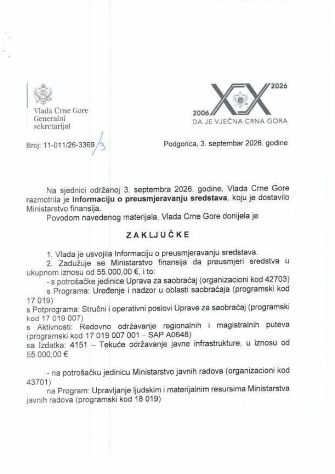 Informacija o preusmjeravanju sredstava - Zaključci