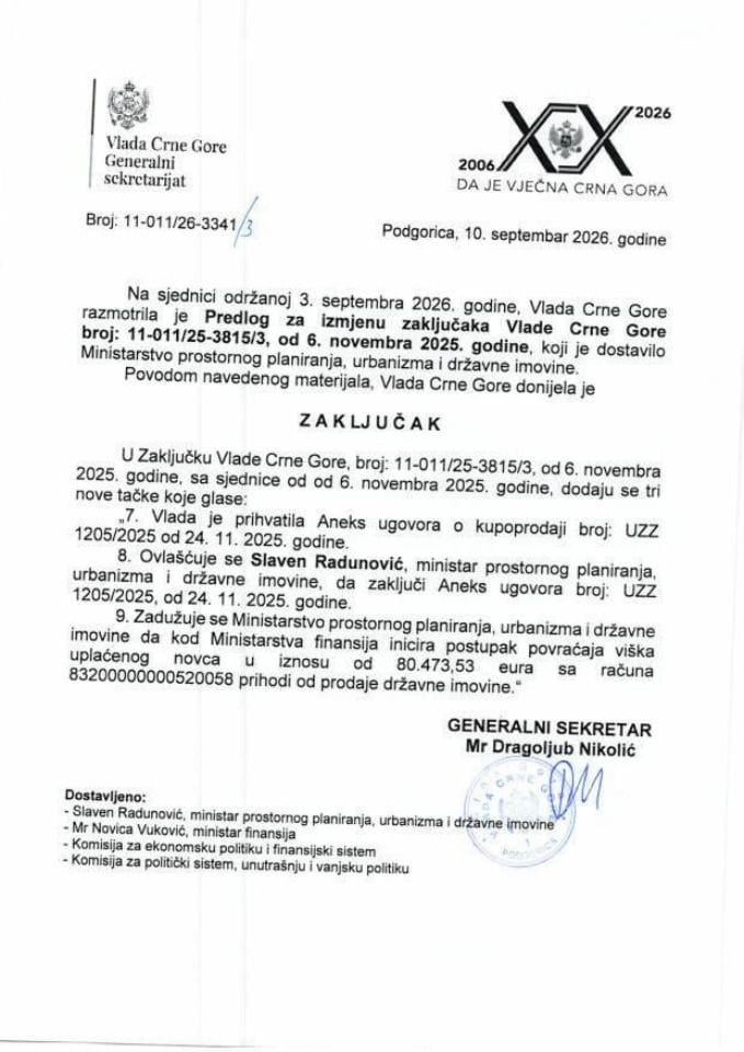 Предлог за измјену закључака Владе Црне Горе, број: 11-011/25-3815/3, од 6. новембра 2025. године