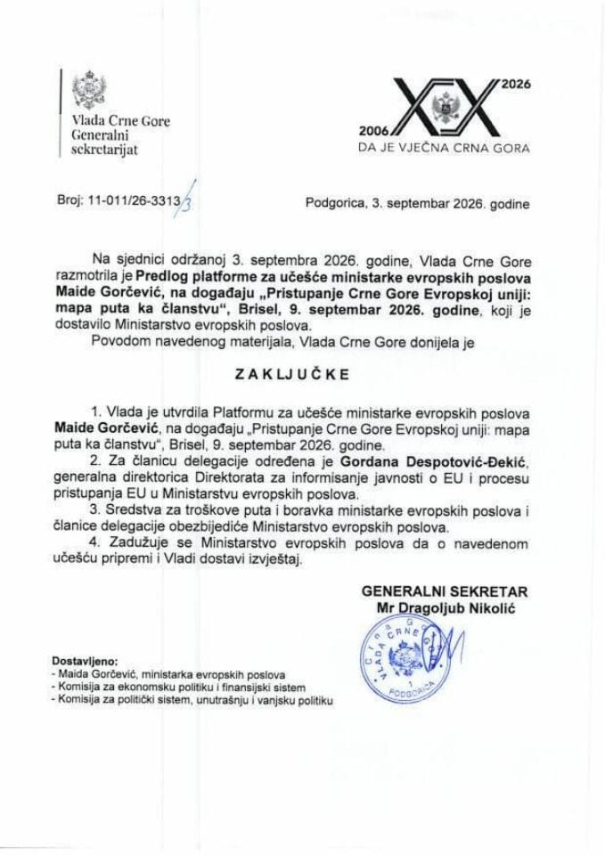 Predlog platforme za učešće ministarke evropskih poslova Maide Gorčević na događaju „Pristupanje Crne Gore Evropskoj uniji: mapa puta ka članstvu“, Brisel, 9. septembar 2026. godine - Zaključci