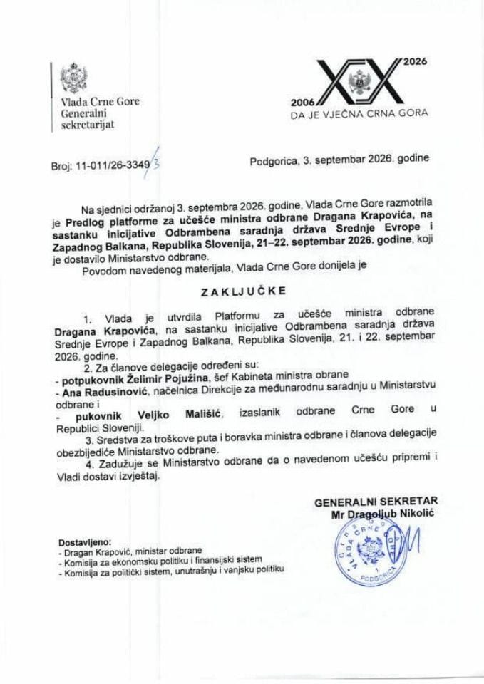 Predlog platforme za učešće ministra odbrane, Dragana Krapovića, na sastanku inicijative Odbrambena saradnja država Srednje Evrope i Zapadnog Balkana, Republika Slovenija, 21-22. septembar 2026. godine - Zaključci