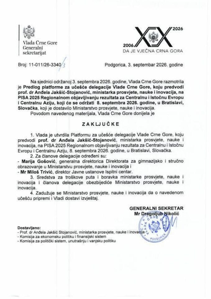 Predlog platforme za učešće delegacije Vlade Crne Gore, koju predvodi prof. dr Anđela Jakšić-Stojanović, ministarka prosvjete, nauke i inovacija, na PISA 2025 Regionalnom objavljivanju rezultata za Centralnu i Istočnu Evropu i Centralnu Aziju - Zaključci