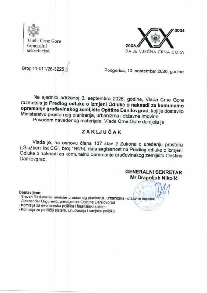 Predlog odluke o izmjeni Odluke o naknadi za komunalno opremanje građevinskog zemljišta Opštine Danilovgrad - Zaključci