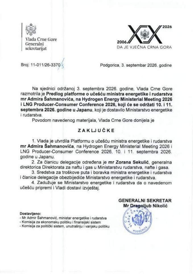 Predlog platforme o učešću ministra energetike i rudarstva mr Admira Šahmanovića na Hydrogen Energy Ministerial Meeting 2026 i LNG Producer-Consumer Conference 2026 - Zaključci