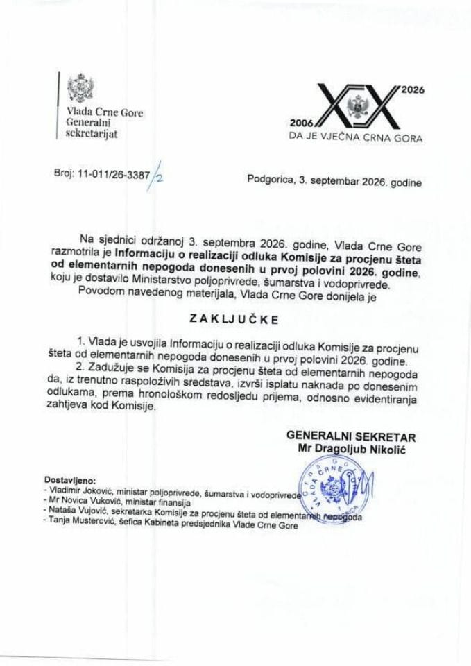 Informacija o realizaciji odluka Komisije za procjenu šteta od elementarnih nepogoda donesenih u prvoj polovini 2026. godine - Zaključci