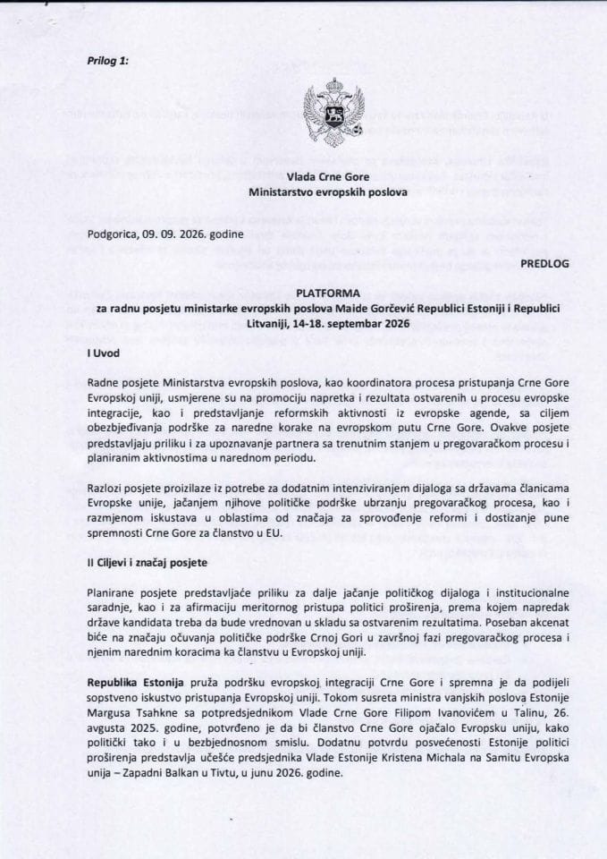 Предлог платформе за радну посјету министарке европских послова Маиде Горчевић Републици Естонији и Републици Литванији, 14-18. септембар 2026. године