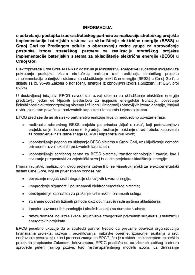 Informacija o pokretanju postupka izbora strateškog partnera za realizaciju strateškog projekta implementacije baterijskih sistema za skladištenje električne energije (BESS) u Crnoj Gori