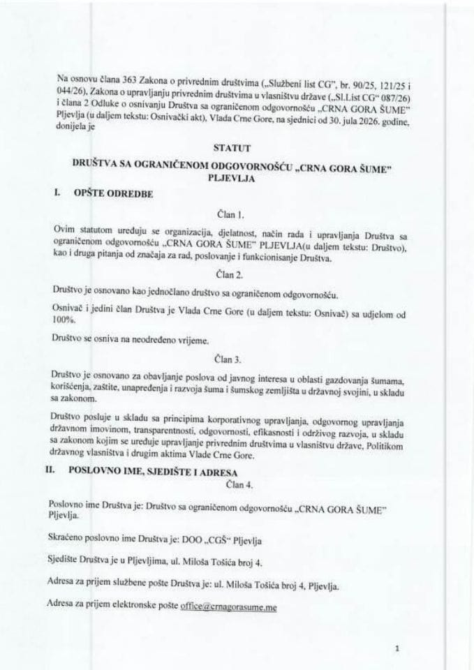 Predlog statuta Društva sa ograničenom odgovornošću „Crna Gora Šume“ Pljevlja