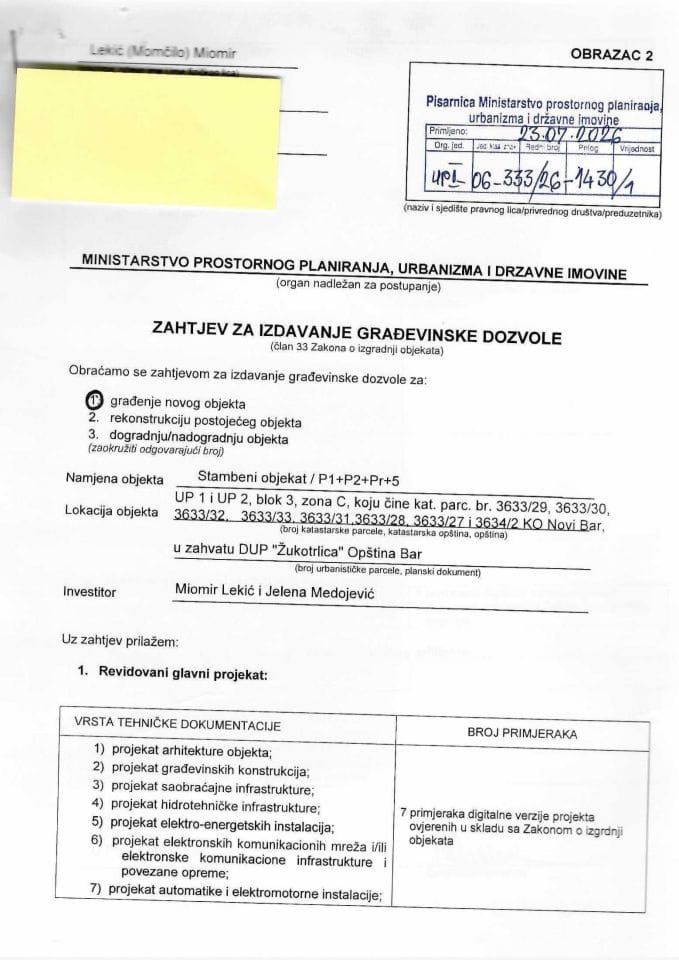 Zahtjevi za izdavanje građevinske dozvole - UPI 06_333_26_1430_1 MIOMIR LEKIĆ I JELENA MEDOJEVIĆ
