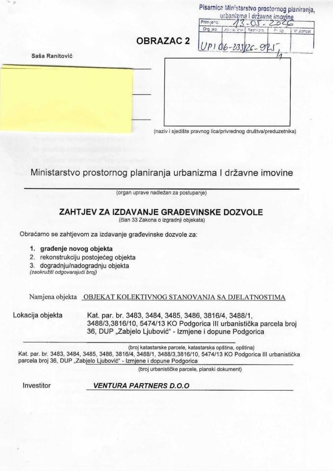 Zahtjevi za izdavanje građevinske dozvole - UPI 06_333_26_925_1 VENTURA PARTNERS D.O.O.
