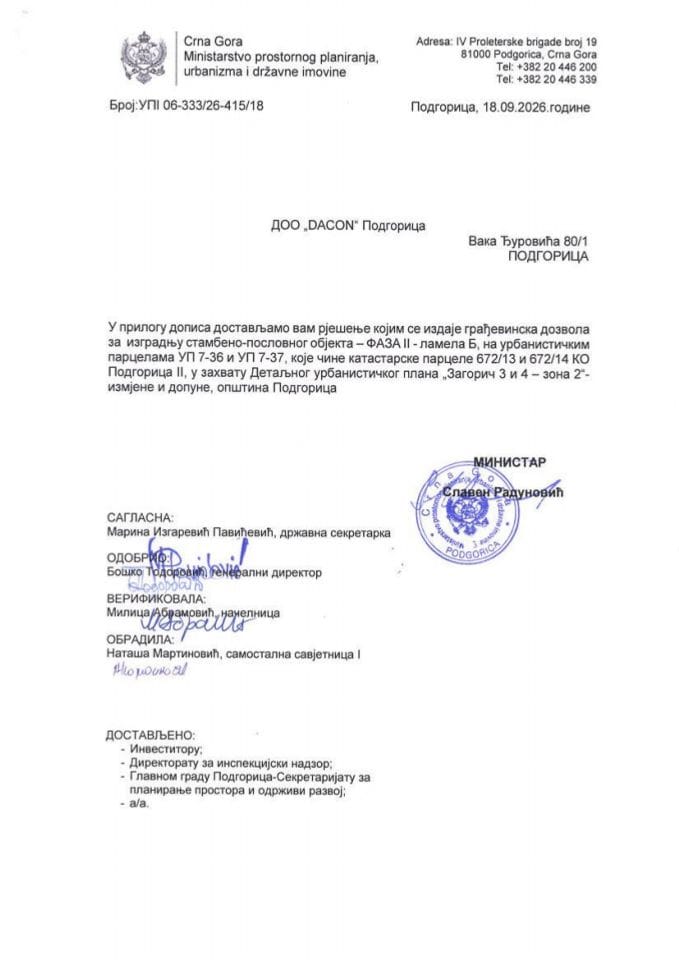 Izdate građevinske dozvole - UPI 06_333_26_415_18 DOO DACON