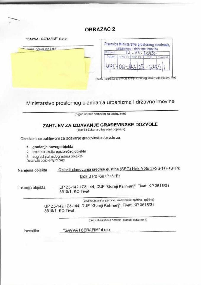 Zahtjevi za izdavanje građevinske dozvole - UPI_06_333_25_6339_1 SAVVA I SERAFIM DOO