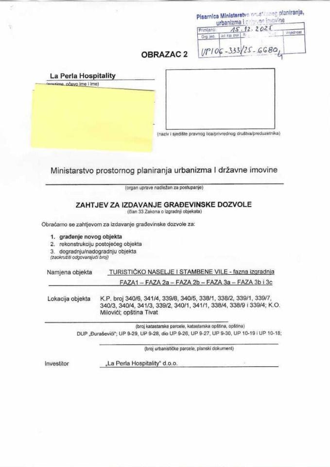 Zahtjevi za izdavanje građevinske dozvole - UPI_06_333_25_6680_1 LA PERLA HOSPITALITY