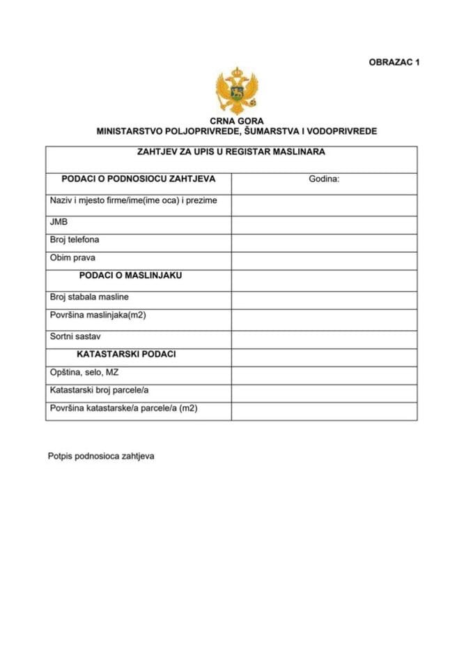 Obrazac za upis u Registar maslinara