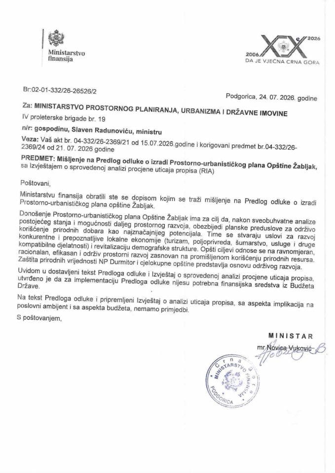 Mišljenje na Predlog odluke o izradi Prostorno - urbanističkog plana Opštine Žabljak