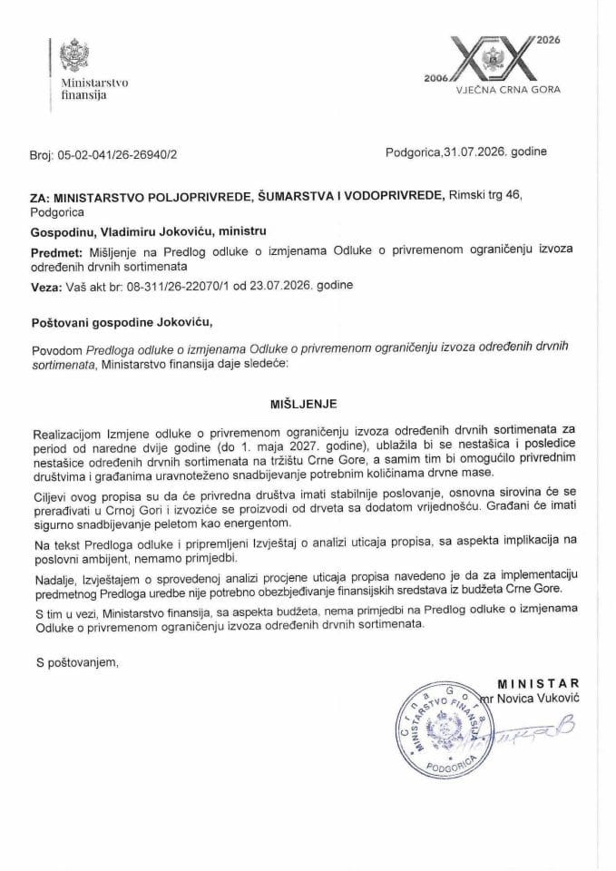 Mišljenje na Predlog odluke o privremenom ograničenju izvoza određenih drvnih sortimenata