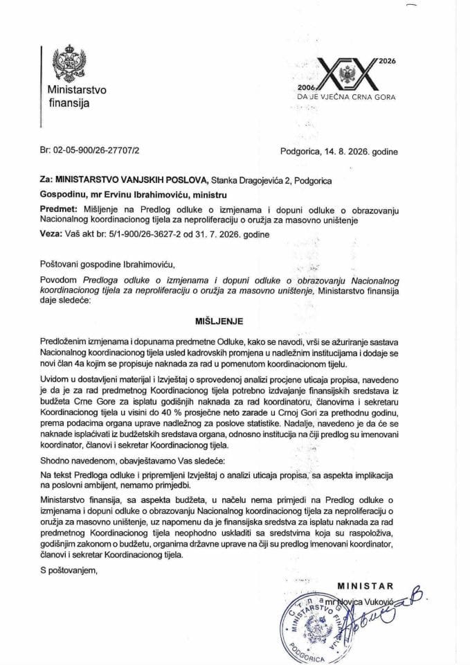 Mišljenje na Predlog odluke o izmjenama i dopuni odluke o obrazovanju Nacionalnog koordinacionog tijela za neproliferaciju oružja za masovno uništenje
