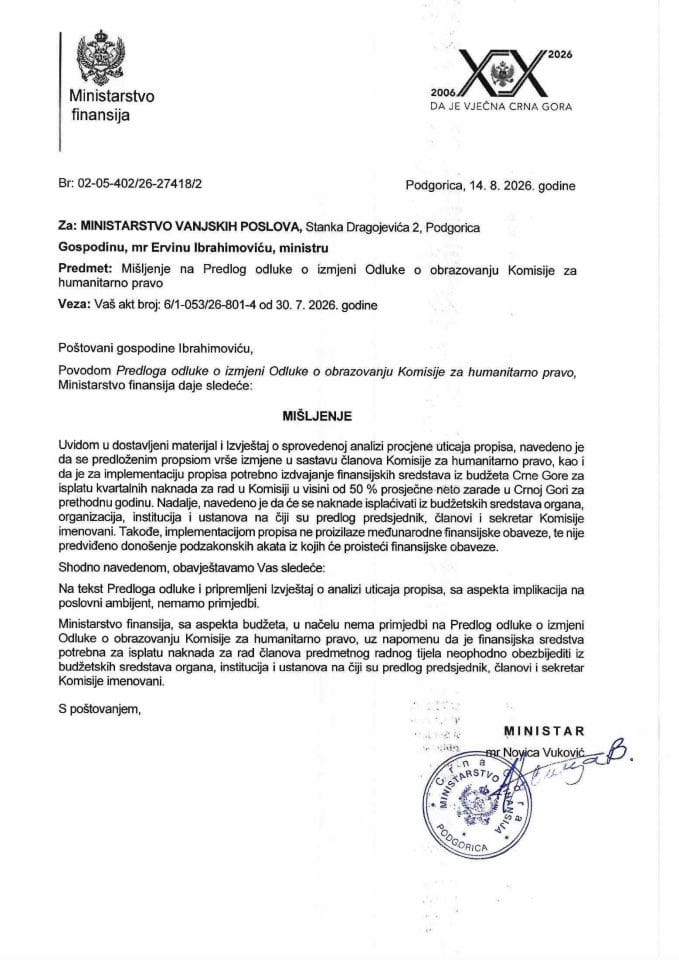 Mišljenje na Predlog odluke o izmjeni Odluke o obrazovanju Komisije za humanitarno pravo