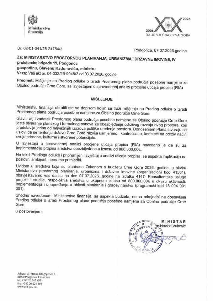 Mišljenje na Predlog odluke o izradi Prostornog plana područja posebne namjene za Obalno područje Crne Gore
