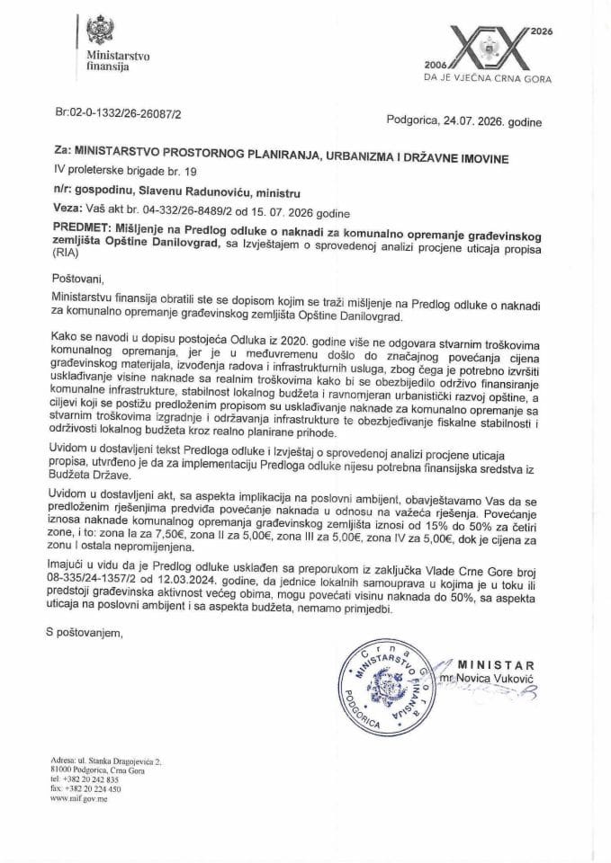 Mišljenje na Predlog odluke o naknadi za komunalno opremanje građevinskog zemljišta Opštine Danilovgrad