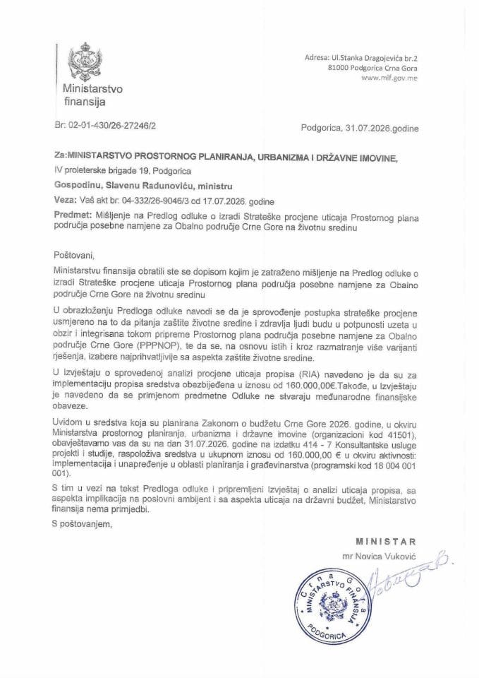 Mišljenje na Predlog odluke o izradi Prostornog plana područja posebne namjene za obalno područje Crne Gore