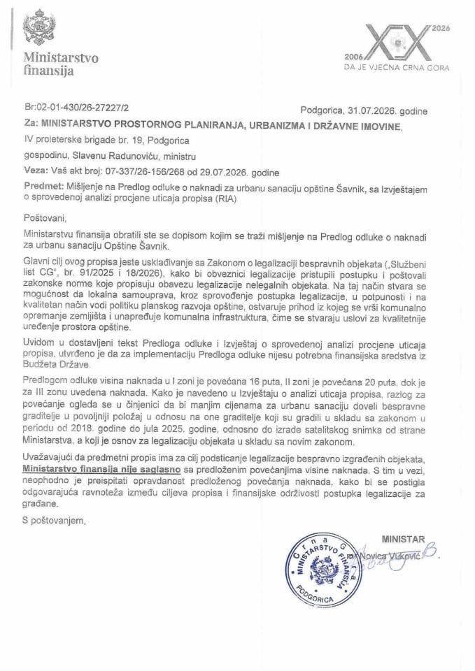 Mišljenje na Predlog odluke o naknadi za urbanu sanaciju opštine Šavnik